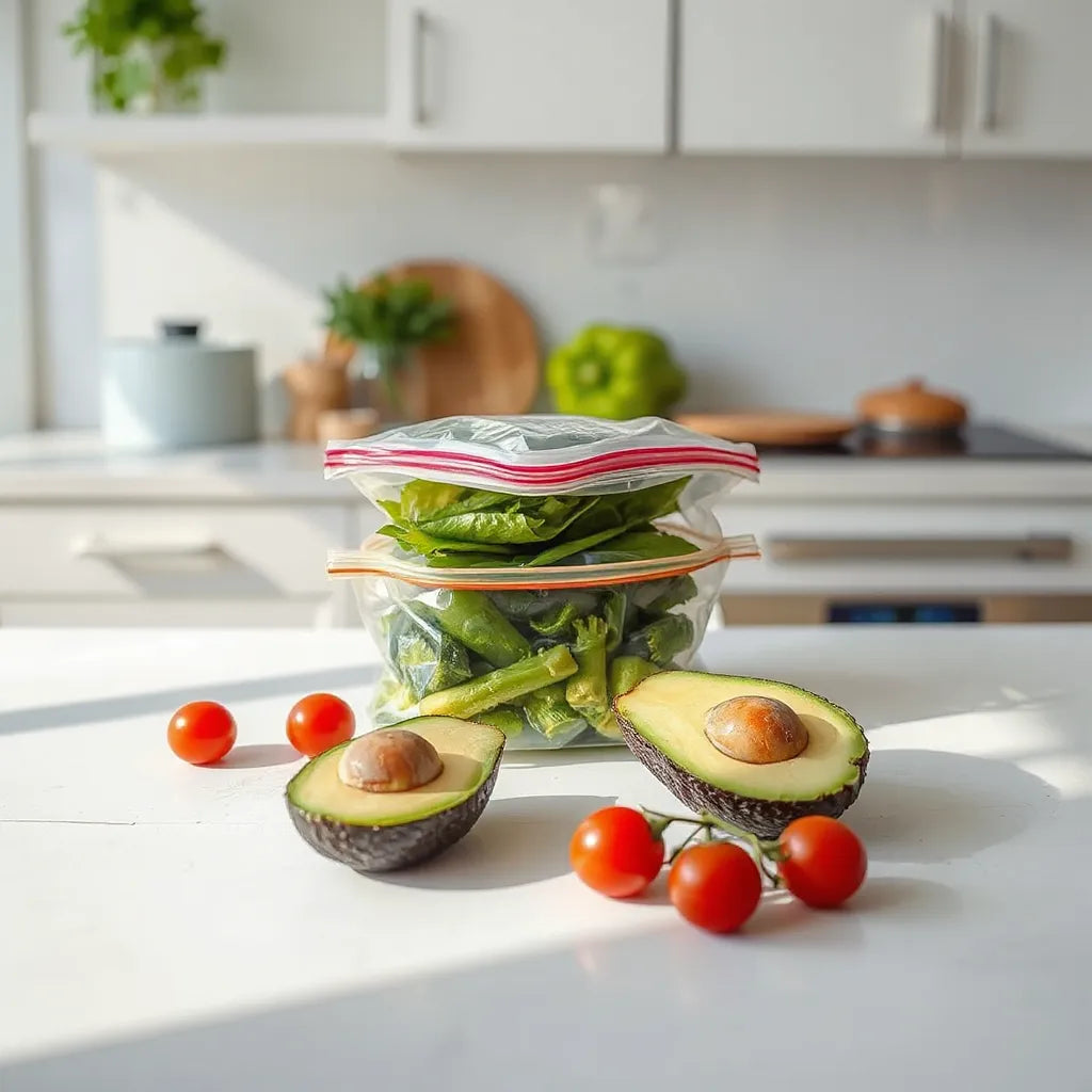 Reusable food storage bags neatly arranged on a kitchen counter with fresh produce nearby