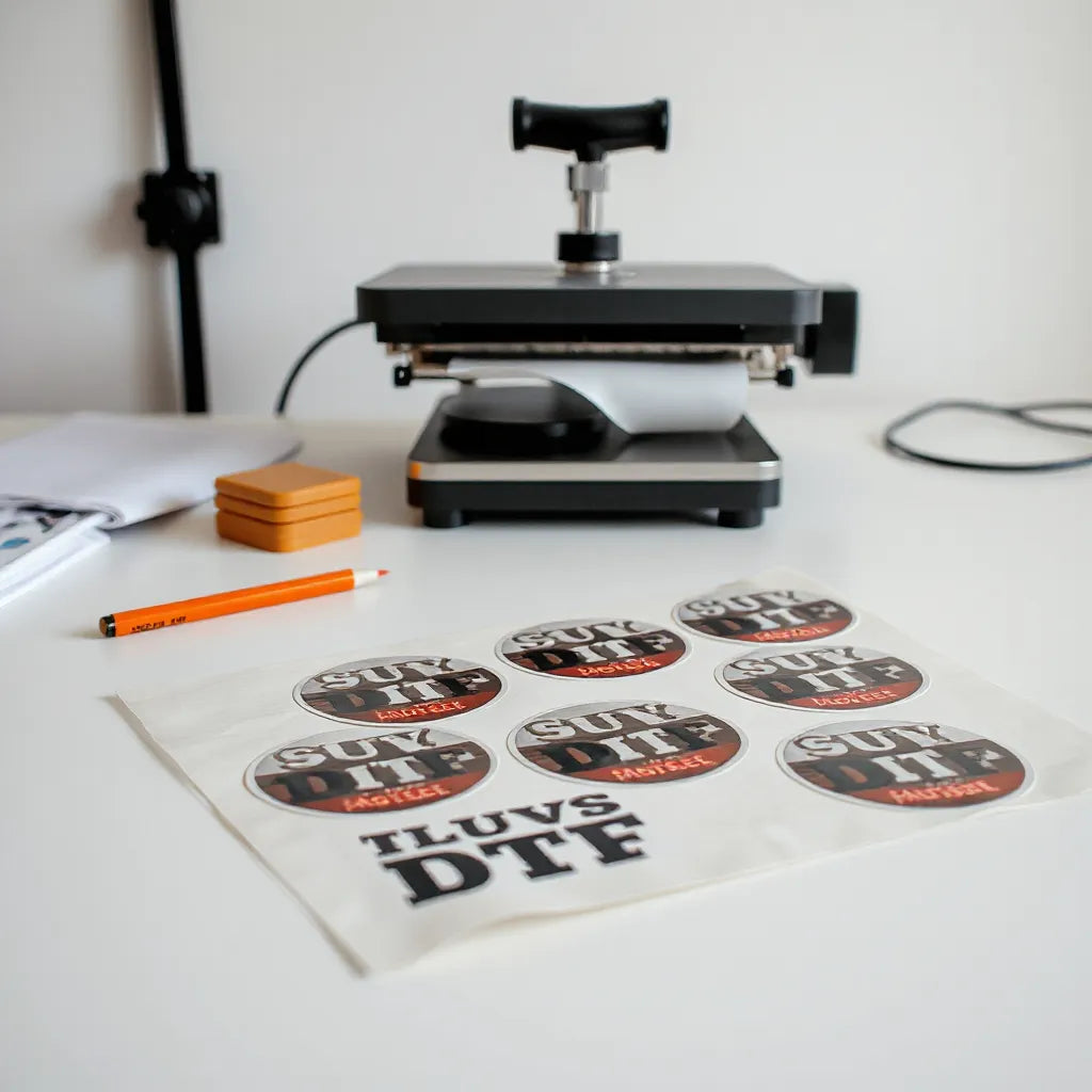 Assorted custom UV DTF stickers on a transfer sheet with a peeled film sample on a workbench