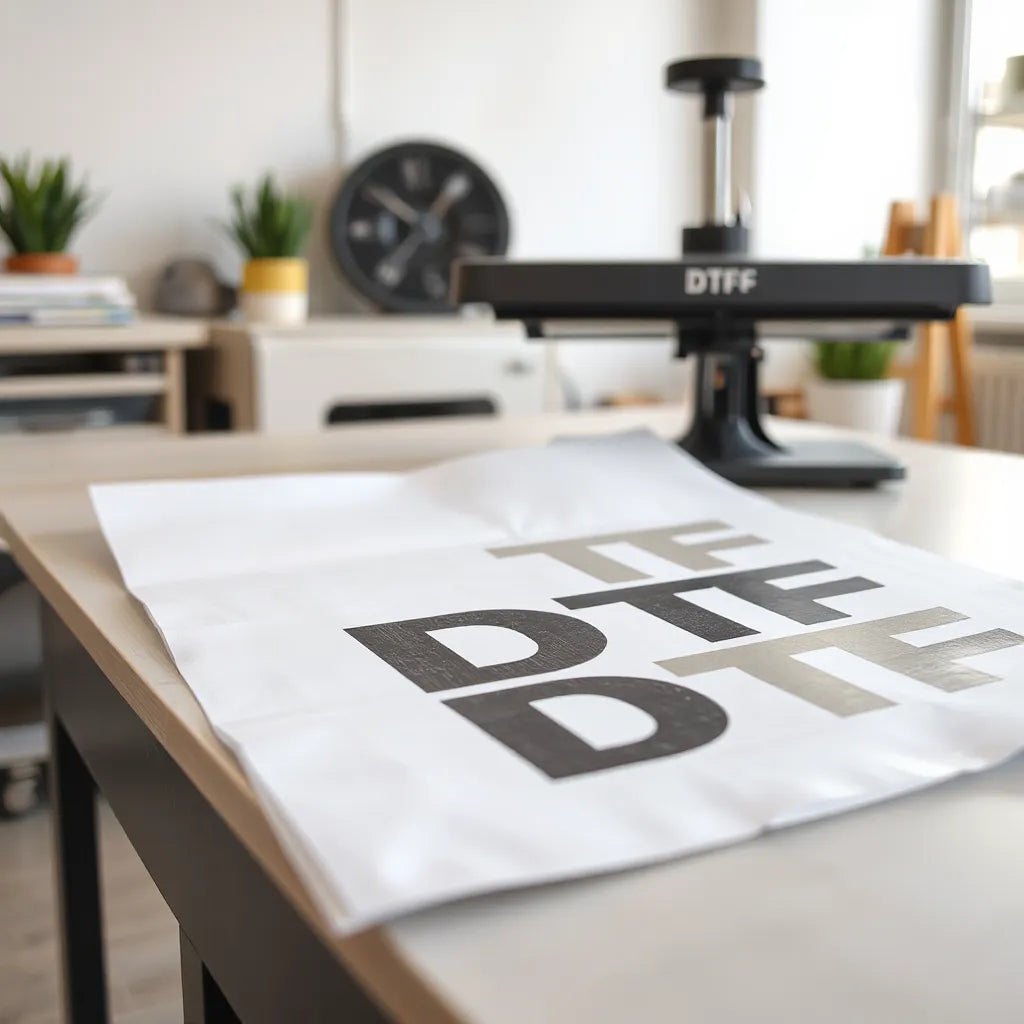 A detailed DTF transfer sheet on a clean workbench beside a heat press