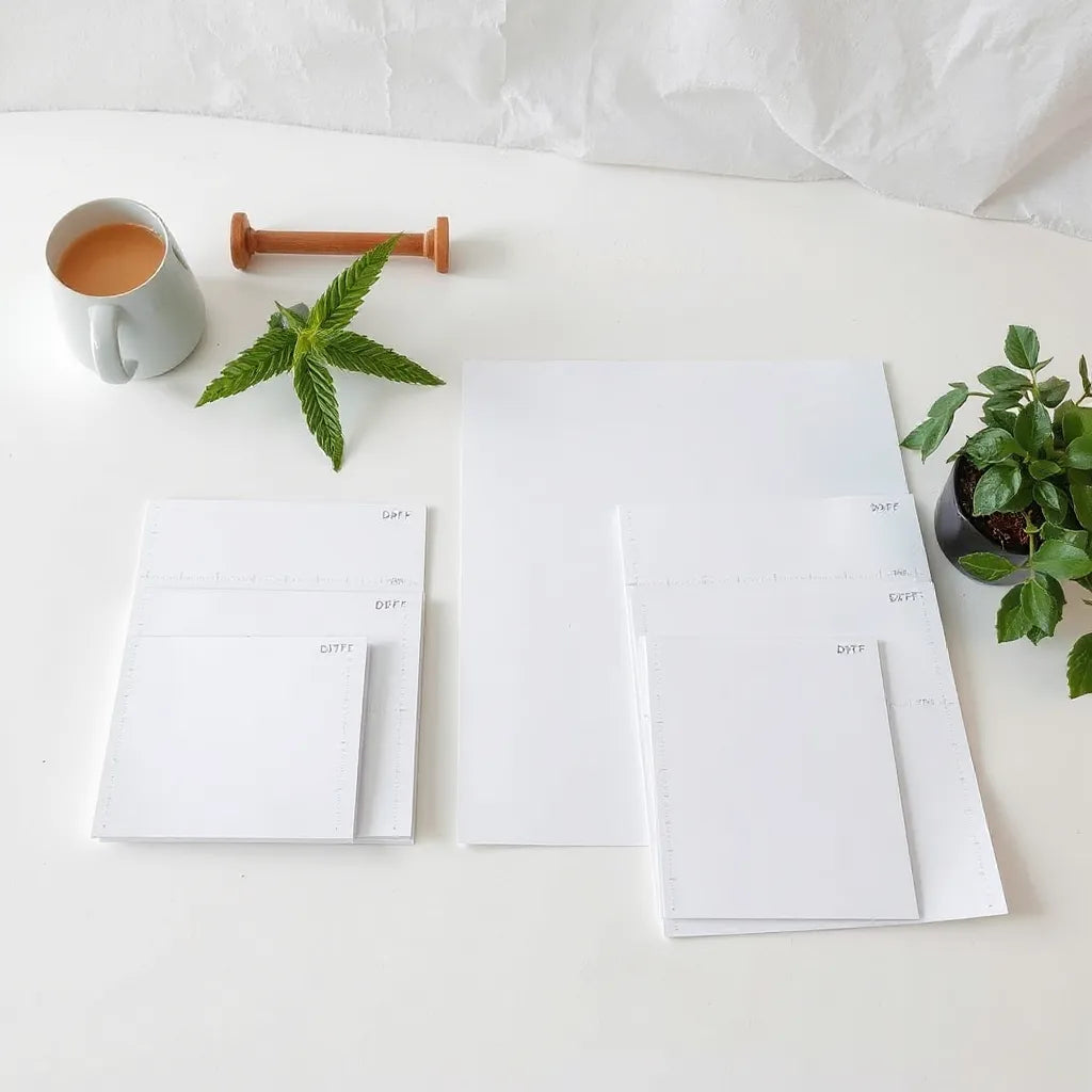 Multiple DTF transfer sheets arranged by size on a clean table with soft studio lighting
