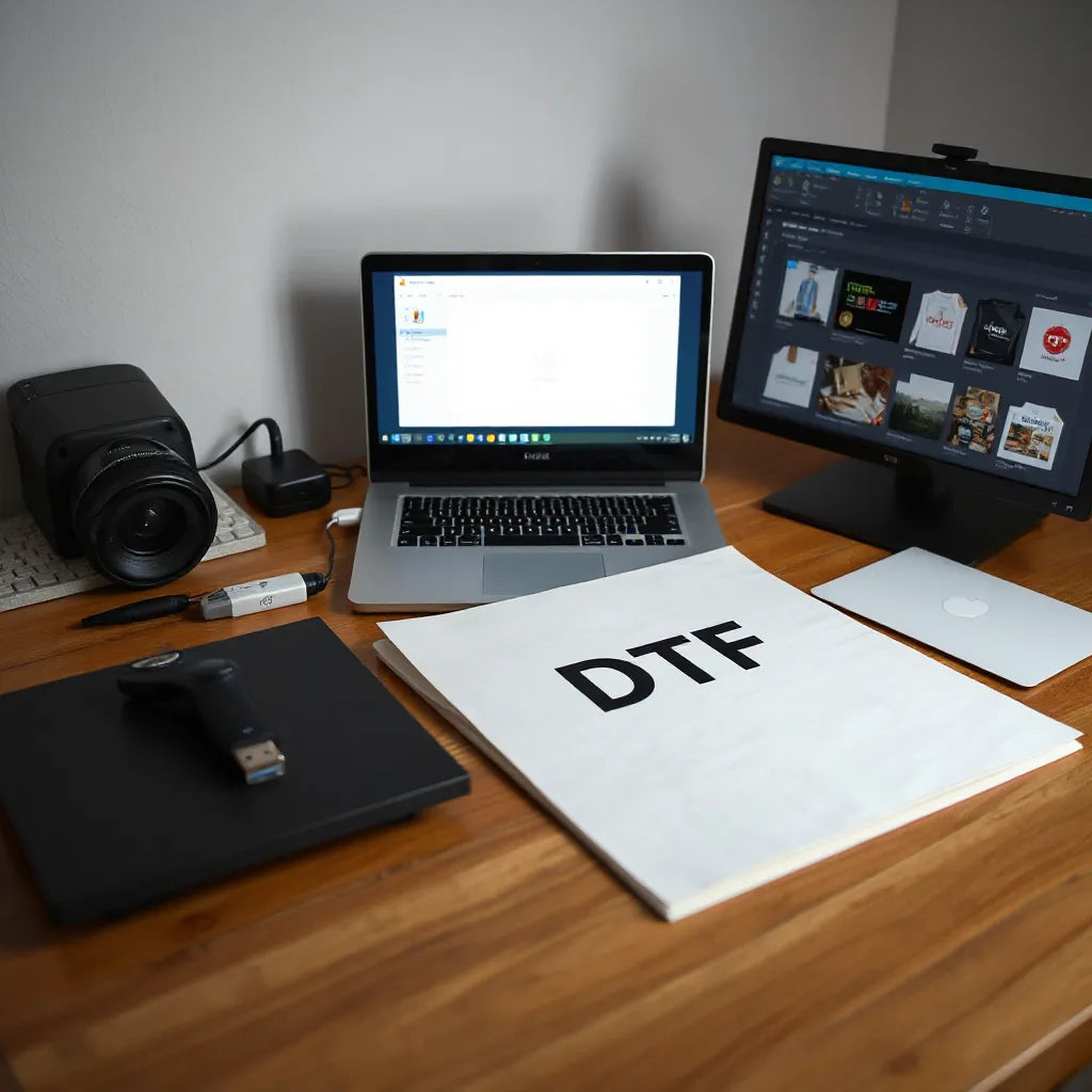 Laptop showing a file upload alongside a DTF transfer sheet on a heat press setup