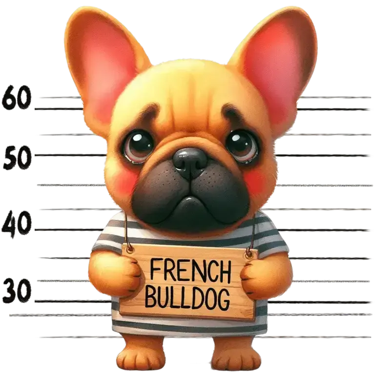 Cartoon French Bulldog with mugshot sign