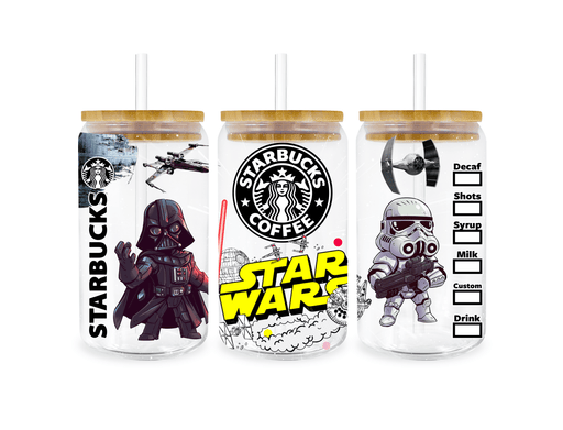 UV DTF 16 Oz Libbey Glass Cup Wrap - Star Wars Death Star And Millennium Falcon Starbucks - DTF Center 