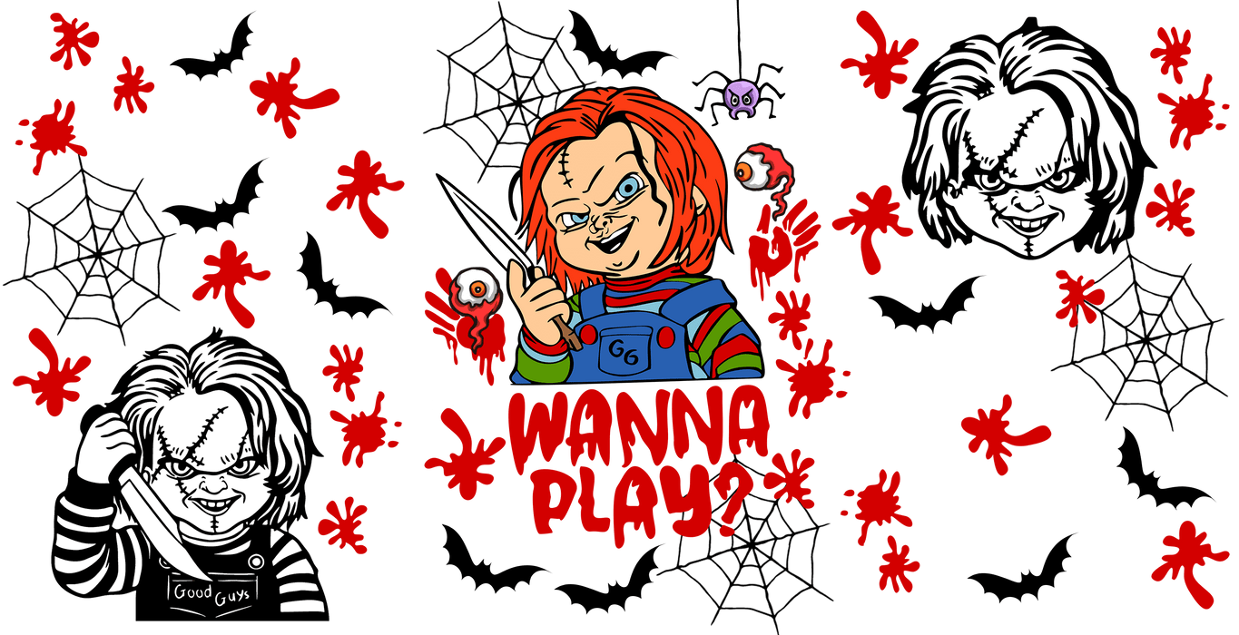 UV DTF 16 Oz Libbey Glass Cup Wrap - Chucky Wanna Play Horror Movie - DTF Center 