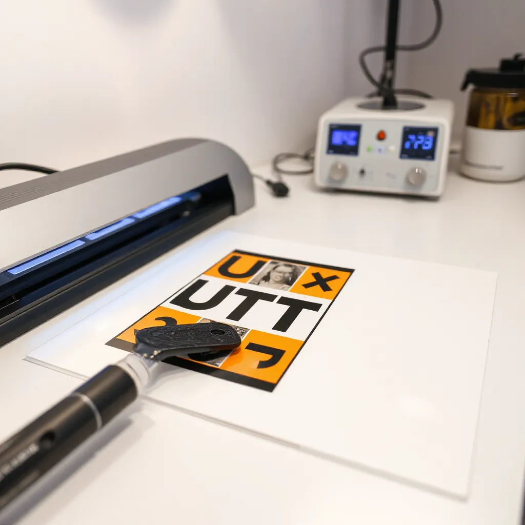 UV DTF transfer sheet on a clean workbench with curing device and tools for sticker setup