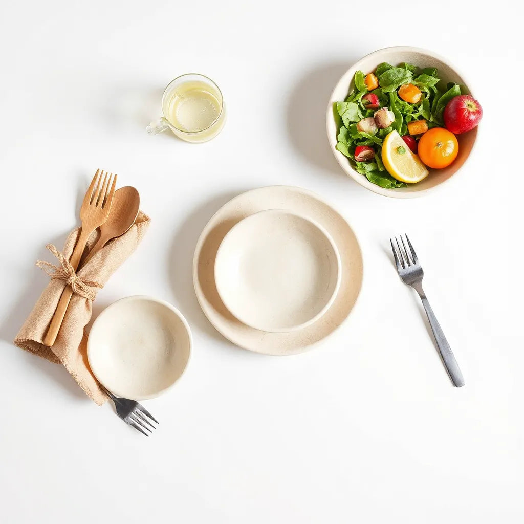 Compostable plates and bowls on a clean table with fresh food under soft natural light