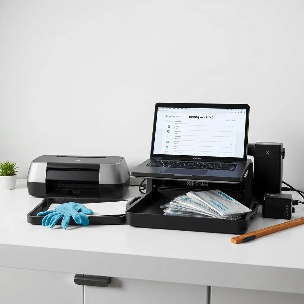 Organized DTF workspace with heat press, printer, transfer films, and a laptop workflow on a clean bench