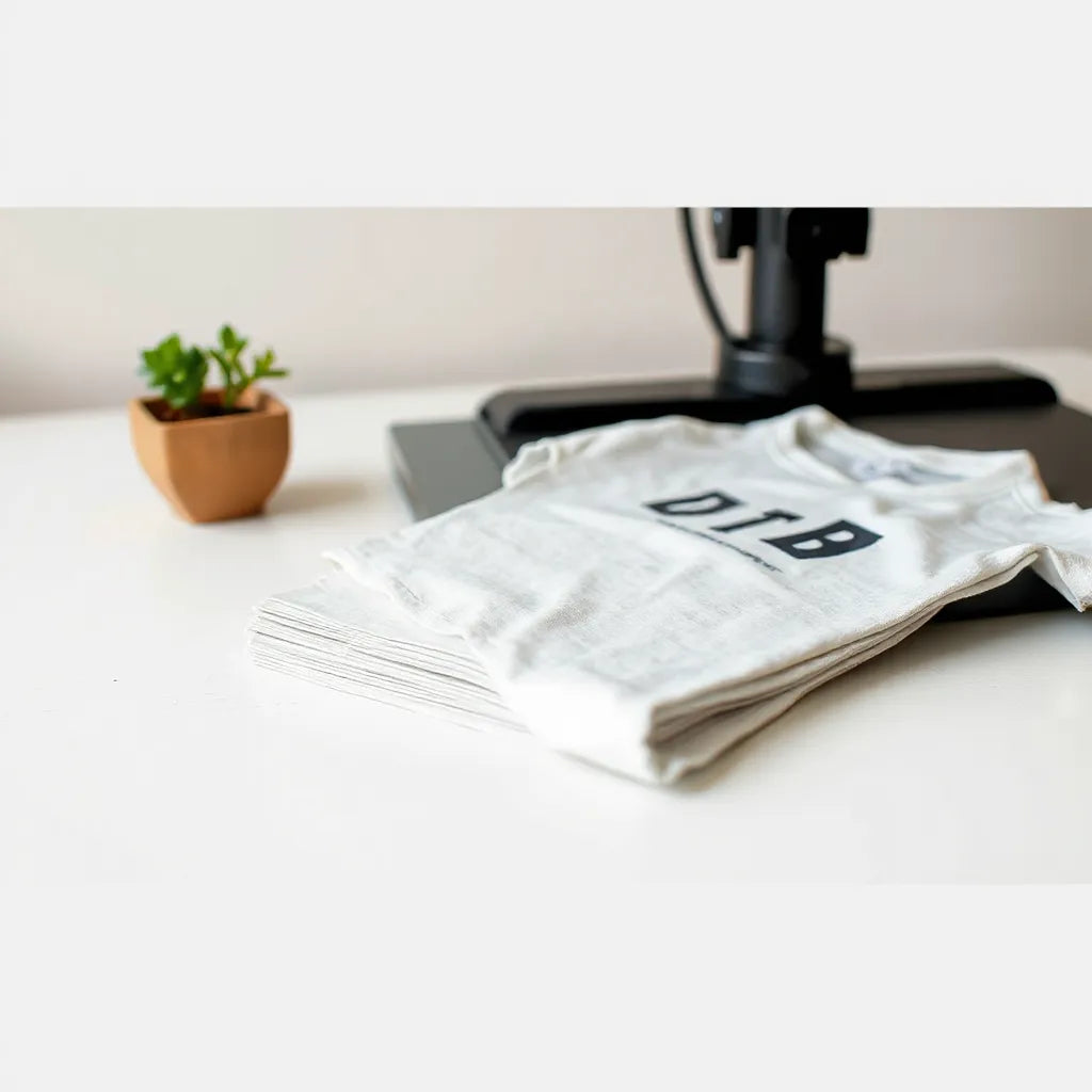 DTF transfer films on a workspace next to a heat press with a fabric ready for applying transfer