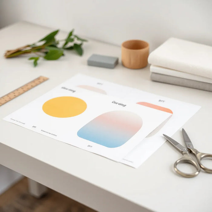 Multiple DTF transfer sheets in different sizes with a measuring ruler on a clean workbench