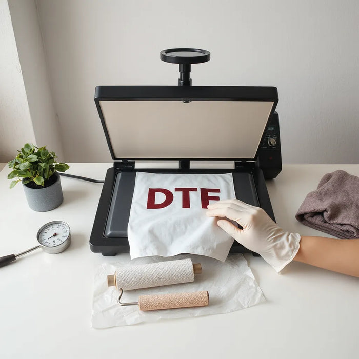 Heat press setup with DTF transfer aligned on fabric, protective sheet and tools nearby