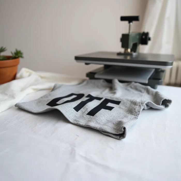 Heat-pressed custom transfer on fabric with crisp detailed design and soft studio lighting