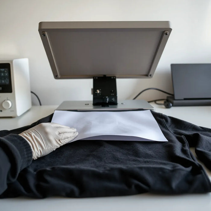 Technician aligning a ready-to-press DTF transfer on fabric under a heat press machine