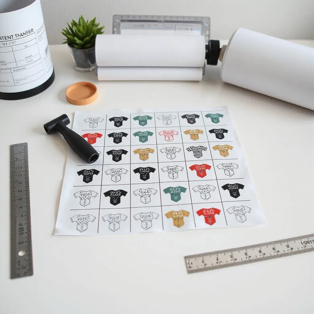 Grid of garment transfer designs on a gang sheet with printing tools on a clean workbench