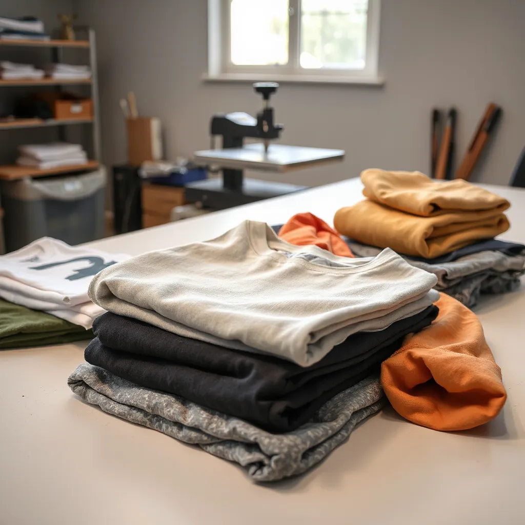 Folded shirts and hoodies with visible DTF prints on a clean worktable near a heat press