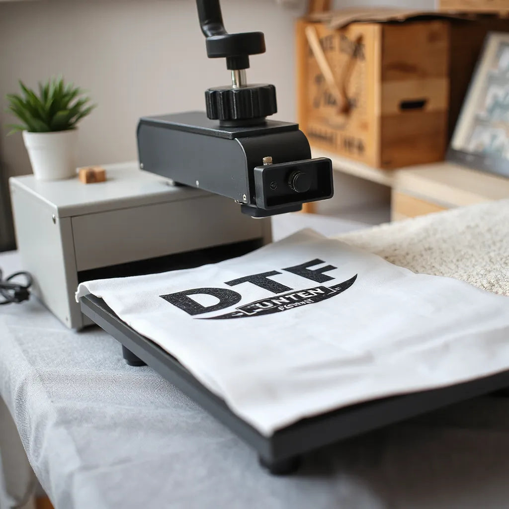 Heat press applying a DTF transfer onto light fabric with crisp, detailed edges