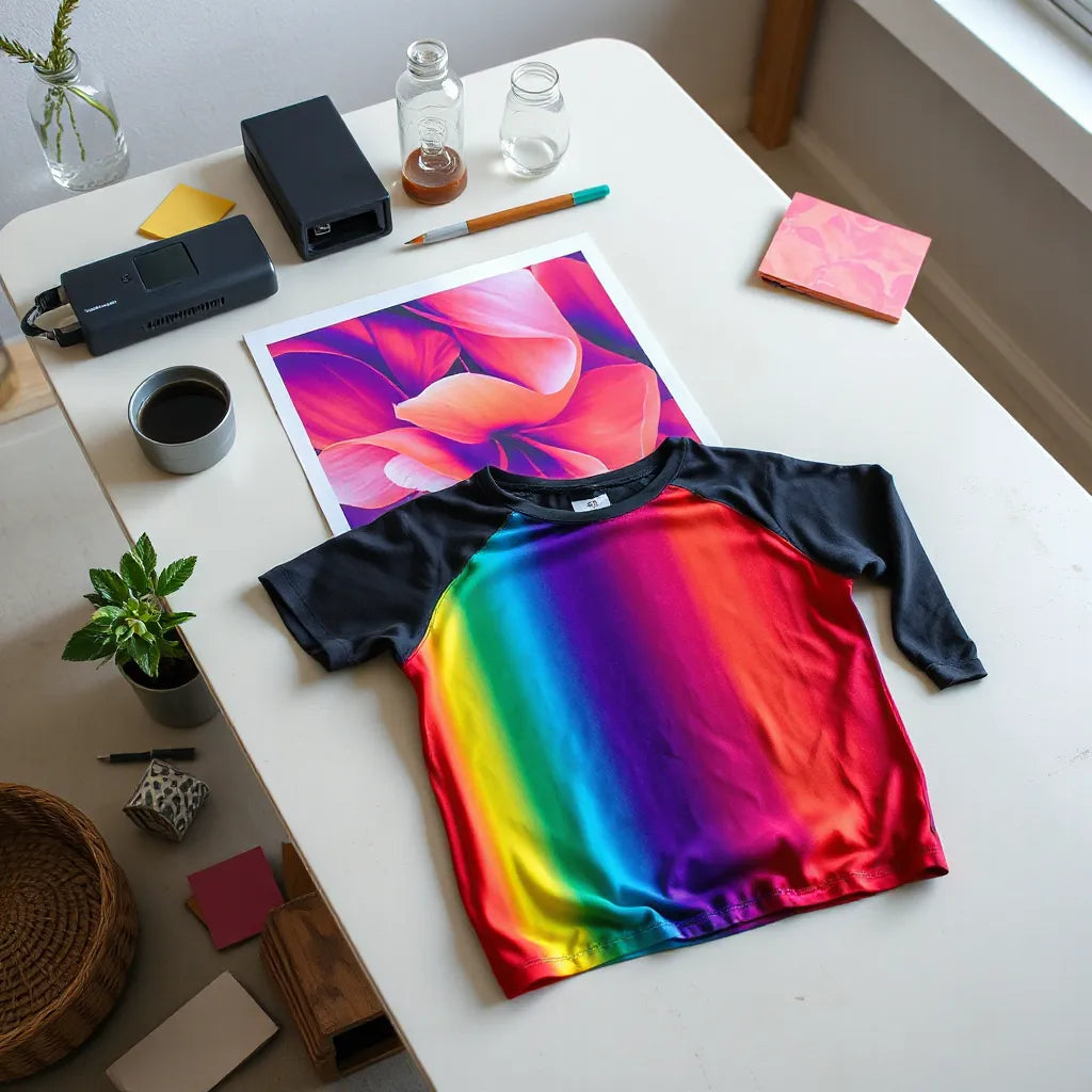 Colorful DTF transfer sheet and garment sample with crisp, vibrant full-color graphics