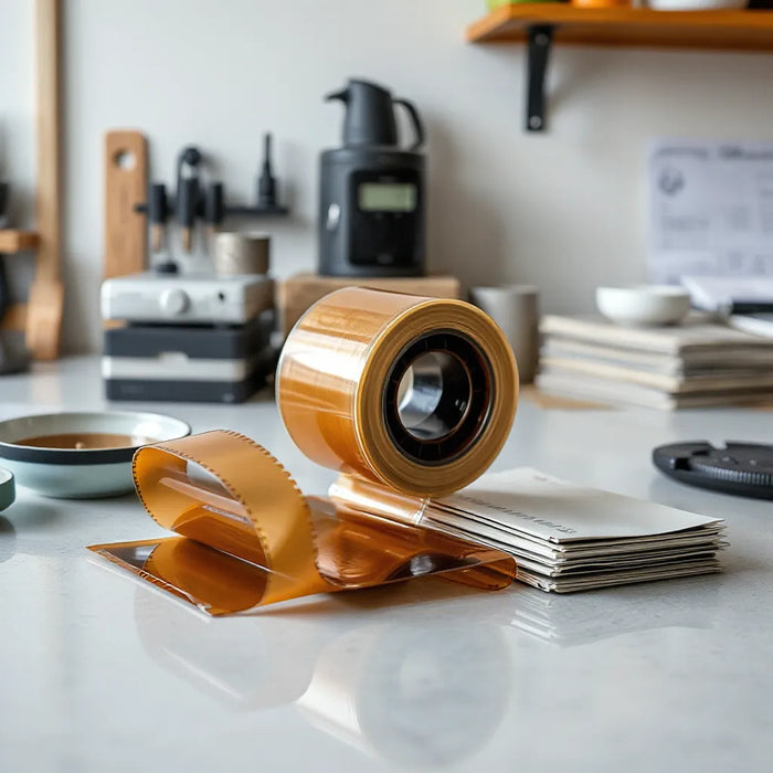Roll and stacked sheets of specialized DTF transfer film on a clean workbench