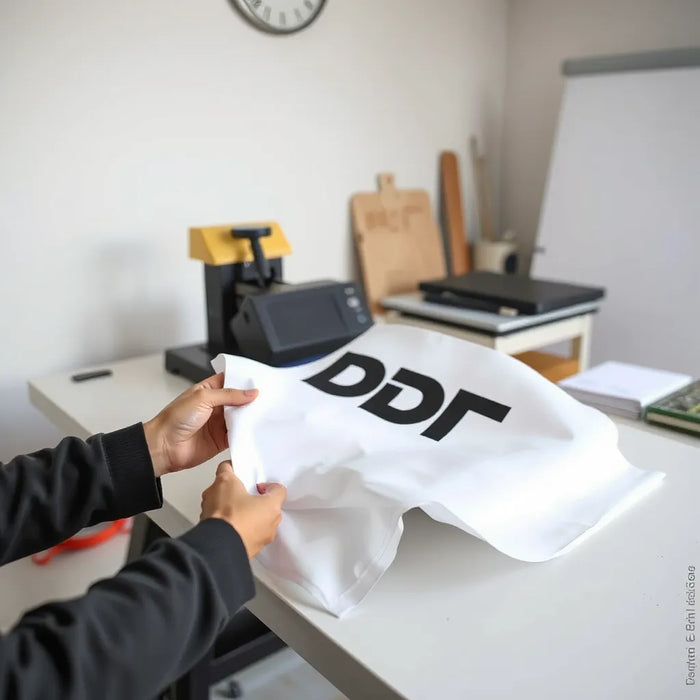 Hands holding a finished DTF transfer on a clean workbench beside a heat press