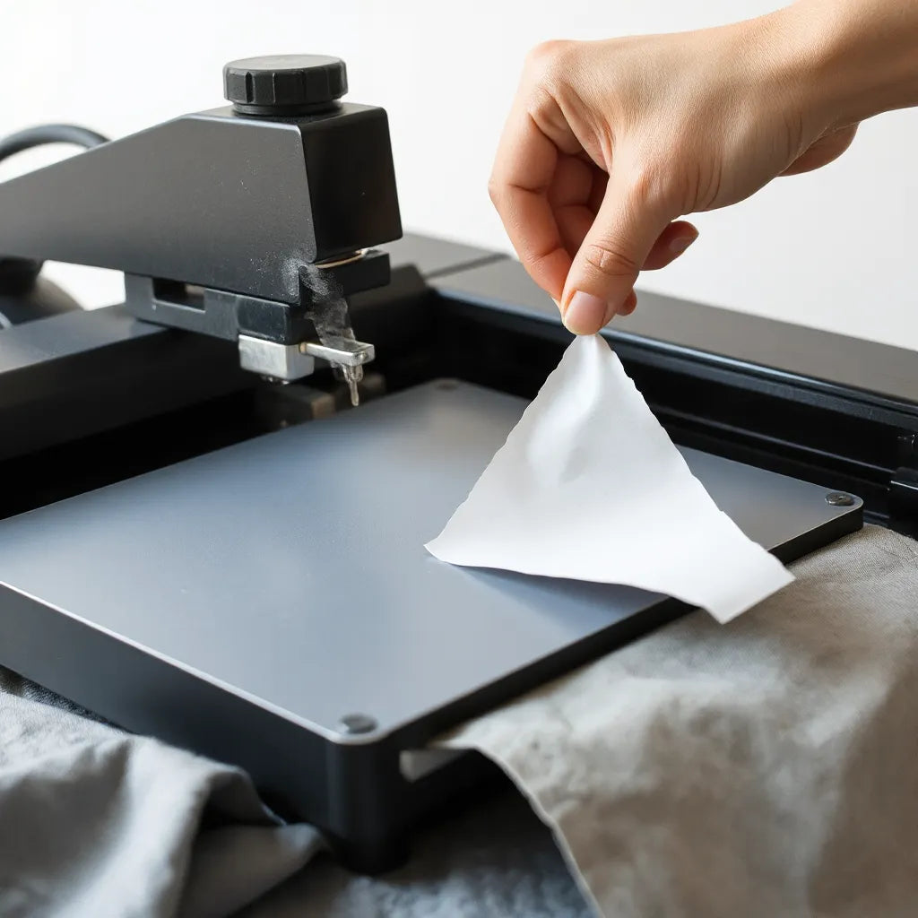 Heat press transferring a DTF film onto fabric, with aligned edges visible for cleaner results