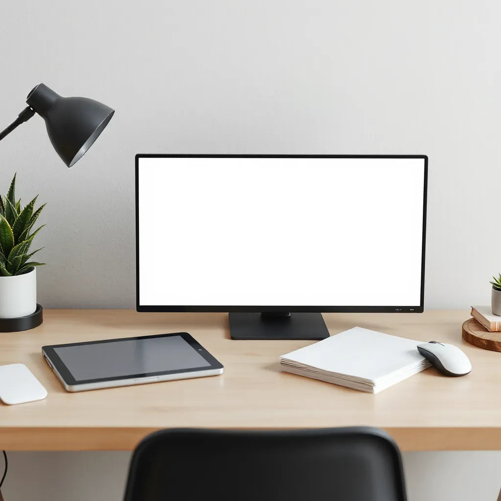 Laptop displaying clean DTF design workflow with transfer film and fabric samples on a minimal workspace