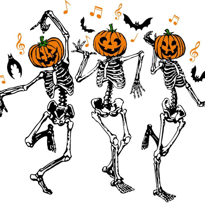 Ready-to-press Halloween DTF design of three dancing skeletons with jack-o'-lantern heads