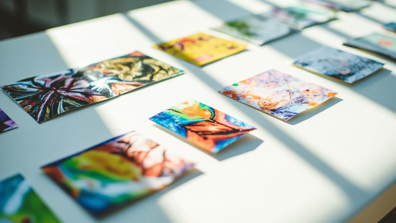 vivid dtf transfers and uv stickers displayed on a bright, organized work table