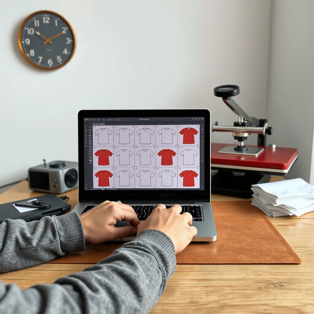 Designer arranging multiple DTF transfer placements on a laptop grid beside heat press and transfer sheets