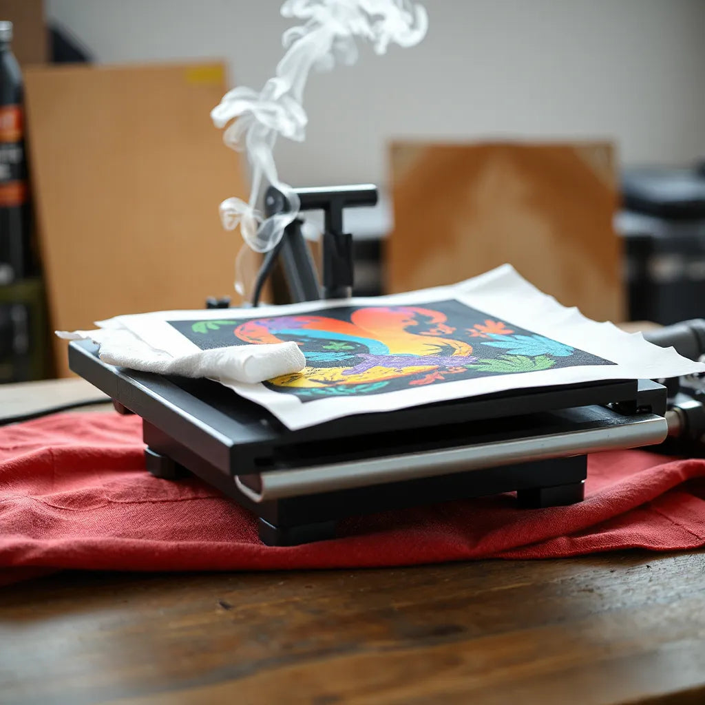 Heat press applying a colorful transfer onto a fabric swatch with a clean, uncluttered workspace backdrop