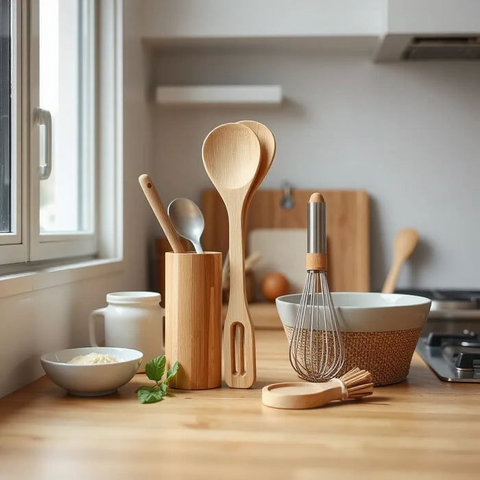 Wood, bamboo, and stainless-steel cooking utensils arranged on a clean kitchen countertop