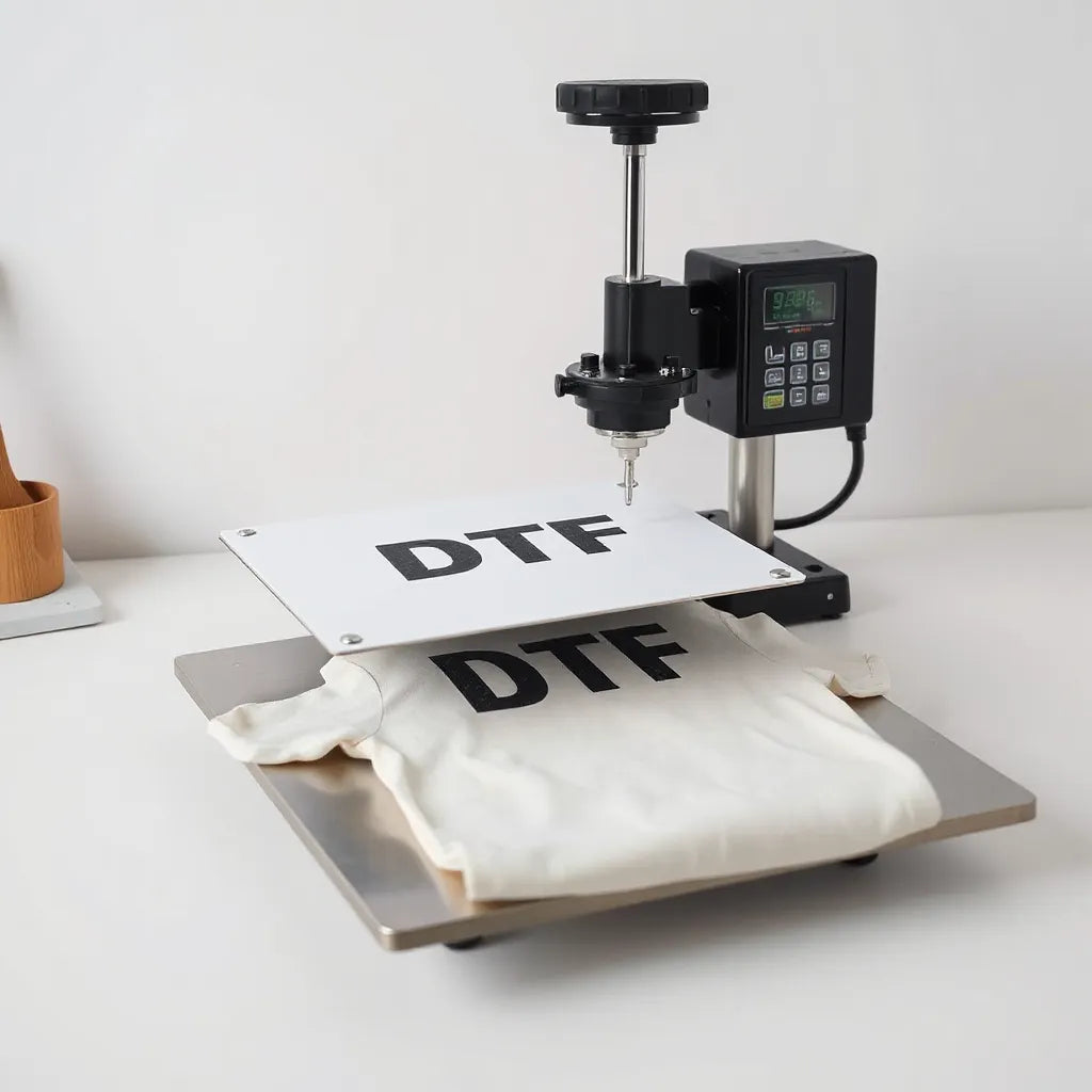Heat press applying a DTF transfer onto a garment on the platen