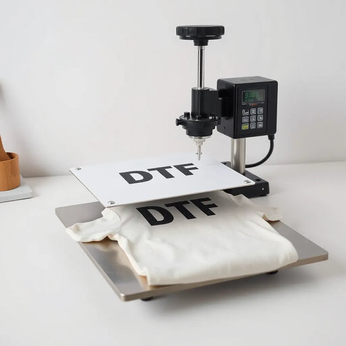 Heat press applying a DTF transfer onto a garment on the platen