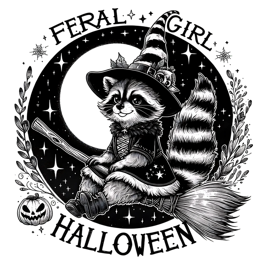 Halloween Waschbär-Hexe DTF Transfer fertig zum Pressen