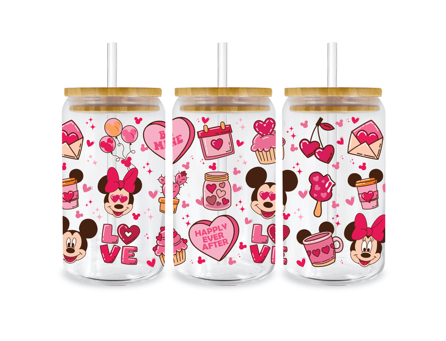 UV DTF 16 Oz Libbey Glass Cup Wrap - Disney Happly Ever After Mickey Minnie Love - DTF Center 