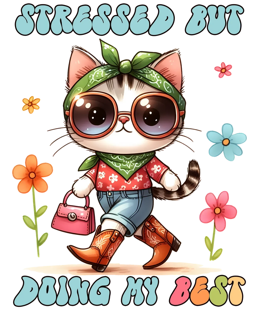 Cute Cat DTF Transfer Ready to Press - Stressed But Doing…