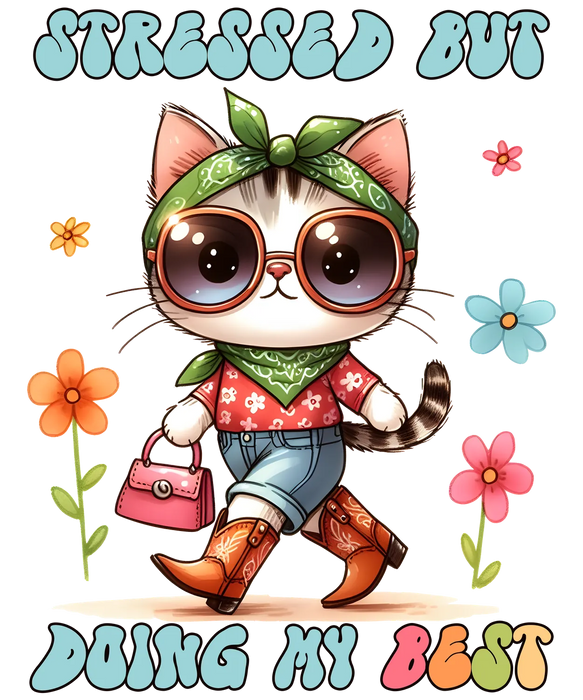 Cute Cat DTF Transfer Ready to Press - Stressed But Doing…