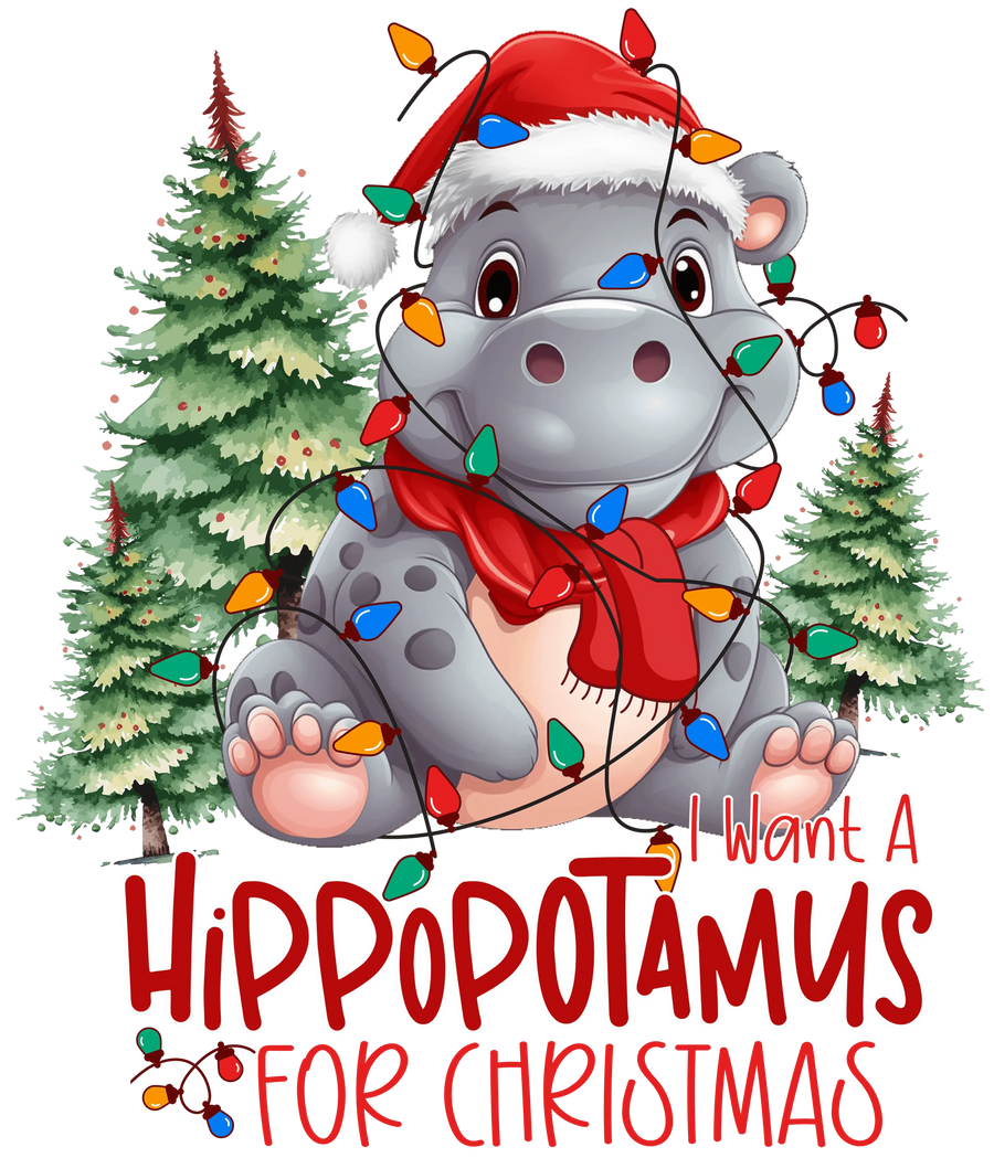 Cute Hippopotamus Christmas Design - DTF Ready To Press