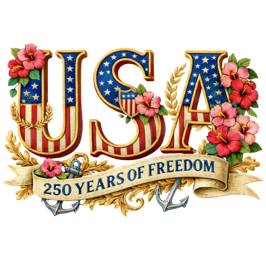 USA 250 Years of Freedom Floral Patriotic DTF Transfer Ready to Press