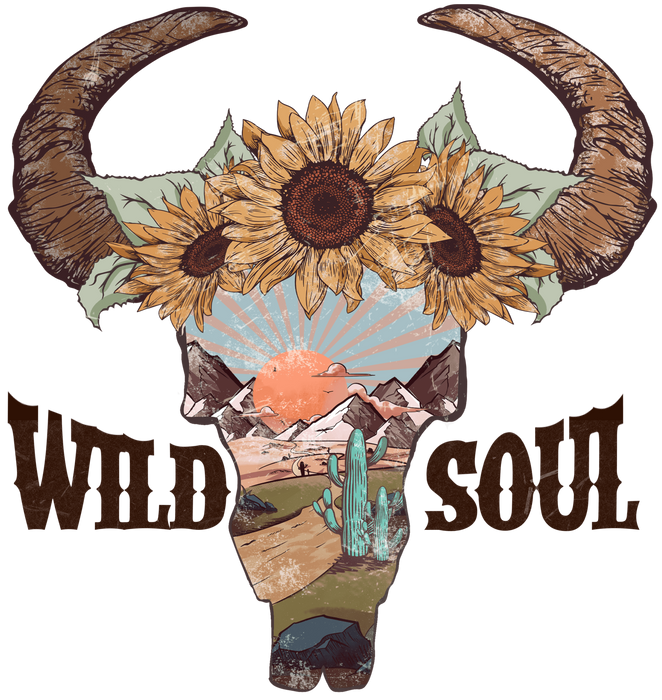 Western Wild Soul Design - DTF Ready to Press featuring bull skull and sunflowers.