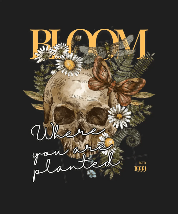 Bloom Skull Art - DTF Ready to Press (black_bg)