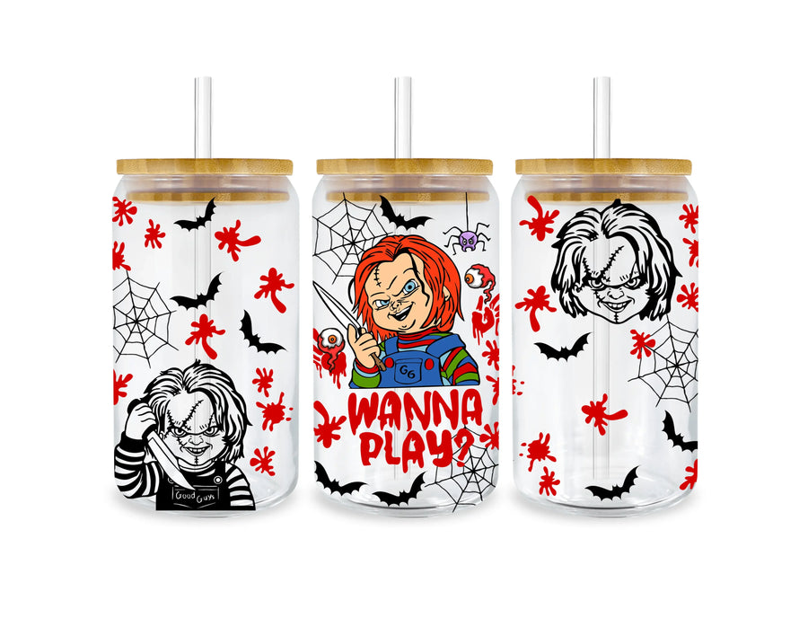 UV DTF 16 Oz Libbey Glass Cup Wrap - Chucky "Wanna Play" Horror Collectible
