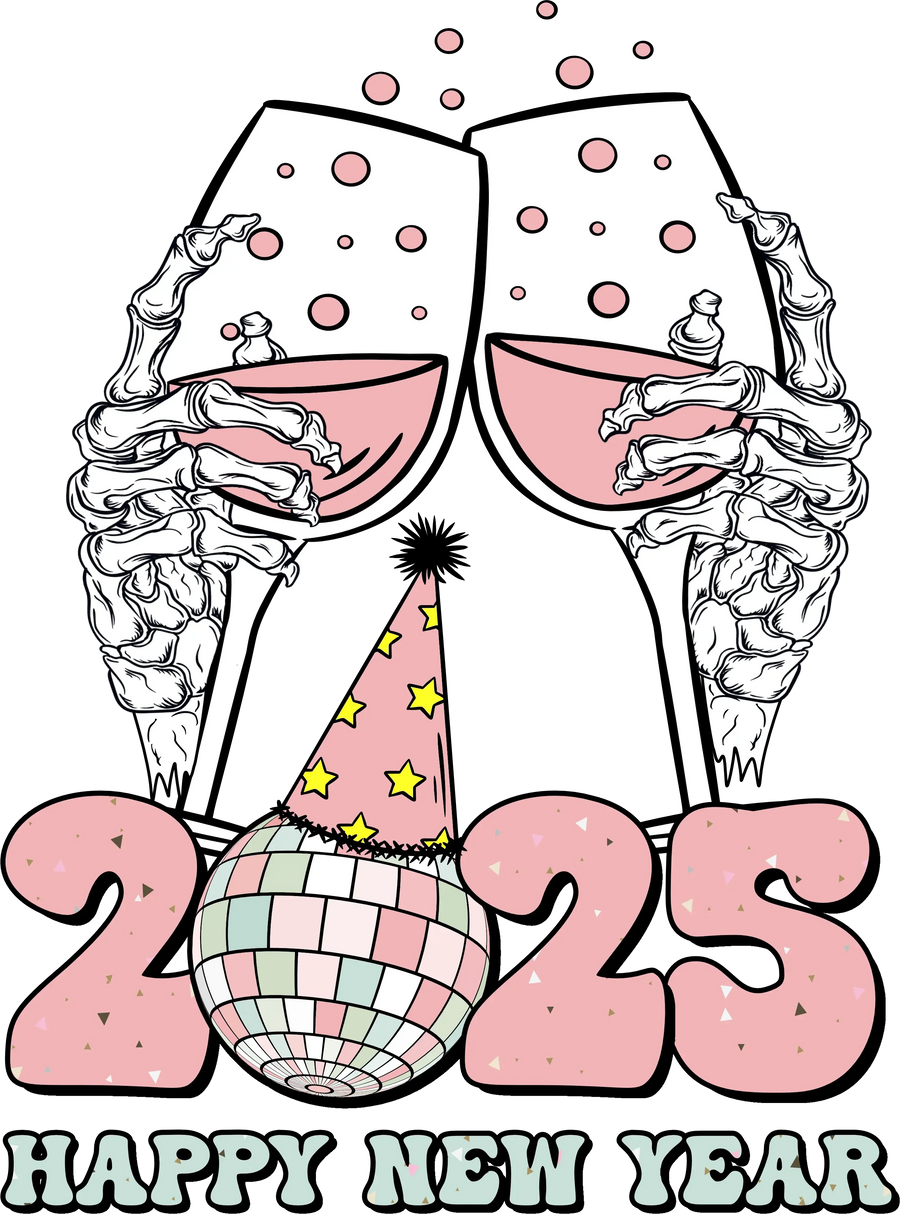 Skeleton New Year 2025 Retro Party Christmas Design - DTF Ready To Press