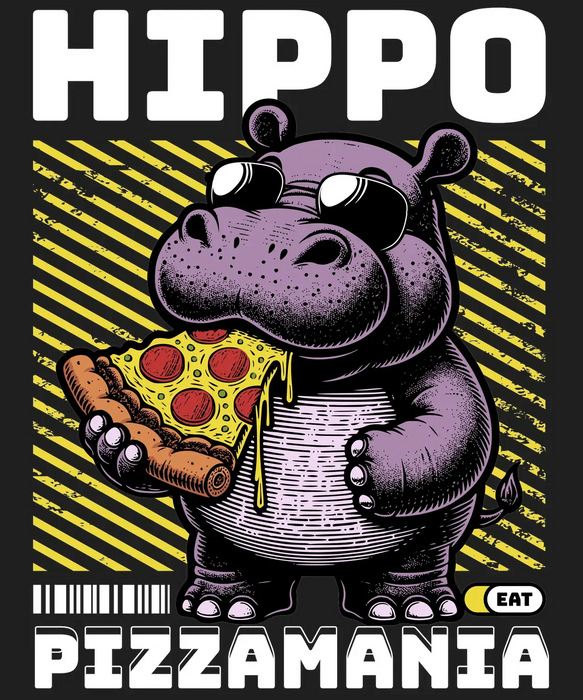 Hippo Pizzamania - DTF Ready to Press (black_bg)