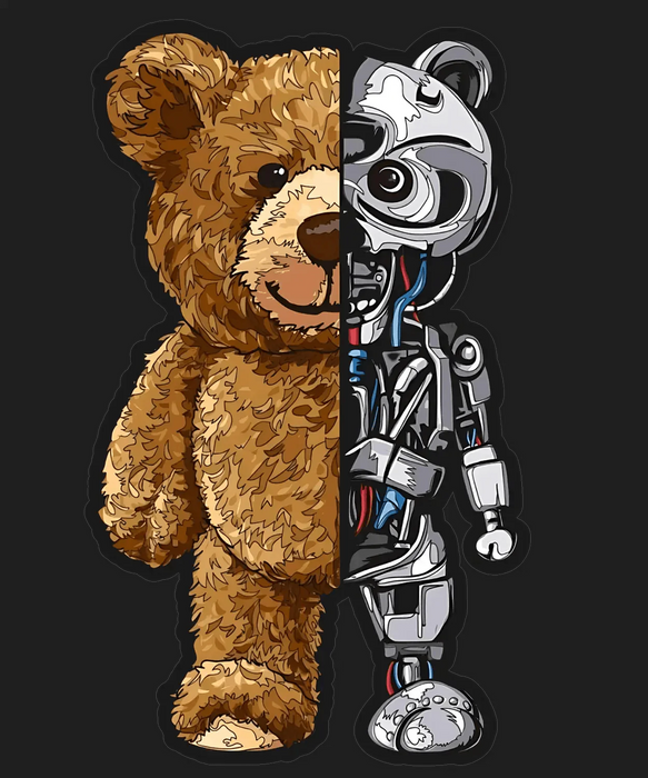 Robot Bear Half-Split - DTF Ready to Press (black_bg)