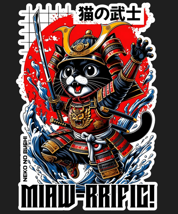 Samurai Cat T-Shirt - DTF Ready to Press (black_bg)