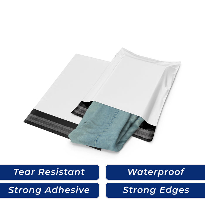 Durable White Poly Mailer showcasing strong adhesive and waterproof features, perfect for secure shipping solutions.