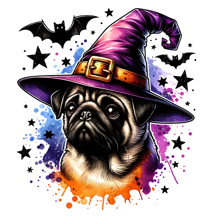 Halloween Mops-Zauberer DTF-Transfer Ready to Press