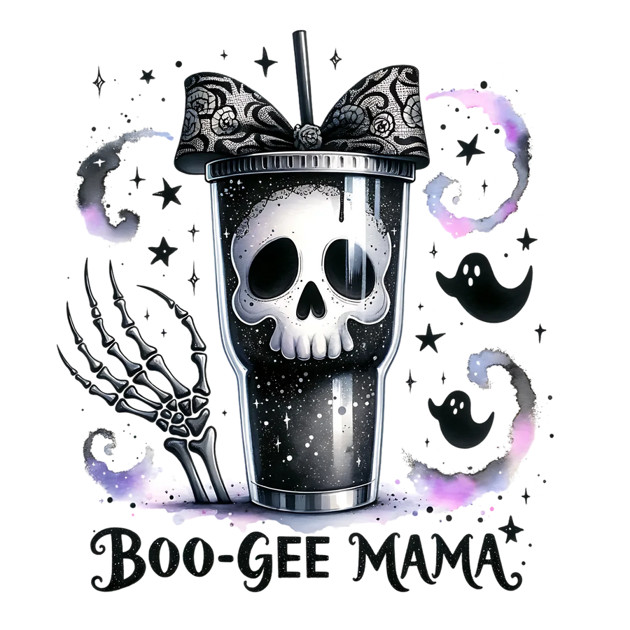 Boo-Gee Mama Totenkopf-Tasse DTF-Transfer bereit zum Pressen
