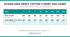 Gildan 5000 Heavy Cotton T-shirt size chart, S to 5XL, body length and chest width in inches and cm