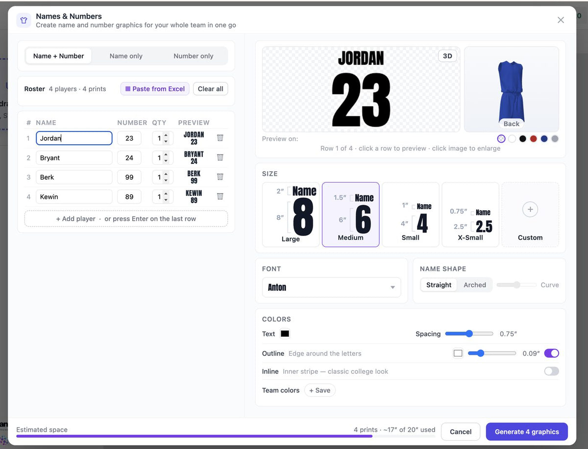 Names & Numbers tool in Gang Sheet PRO: roster list, live jersey preview, size, font and color options