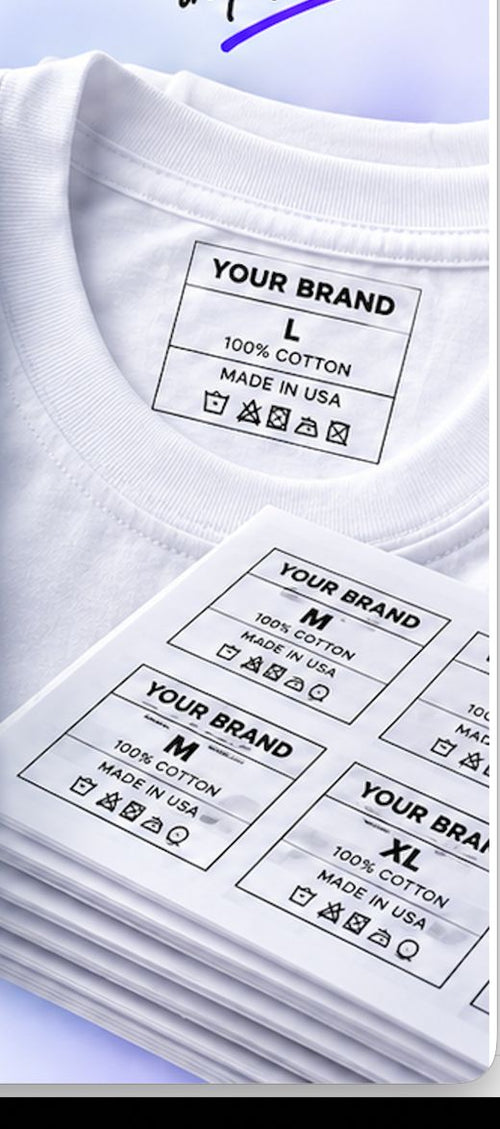 Printed neck label on a white T-shirt and a stack of labels
